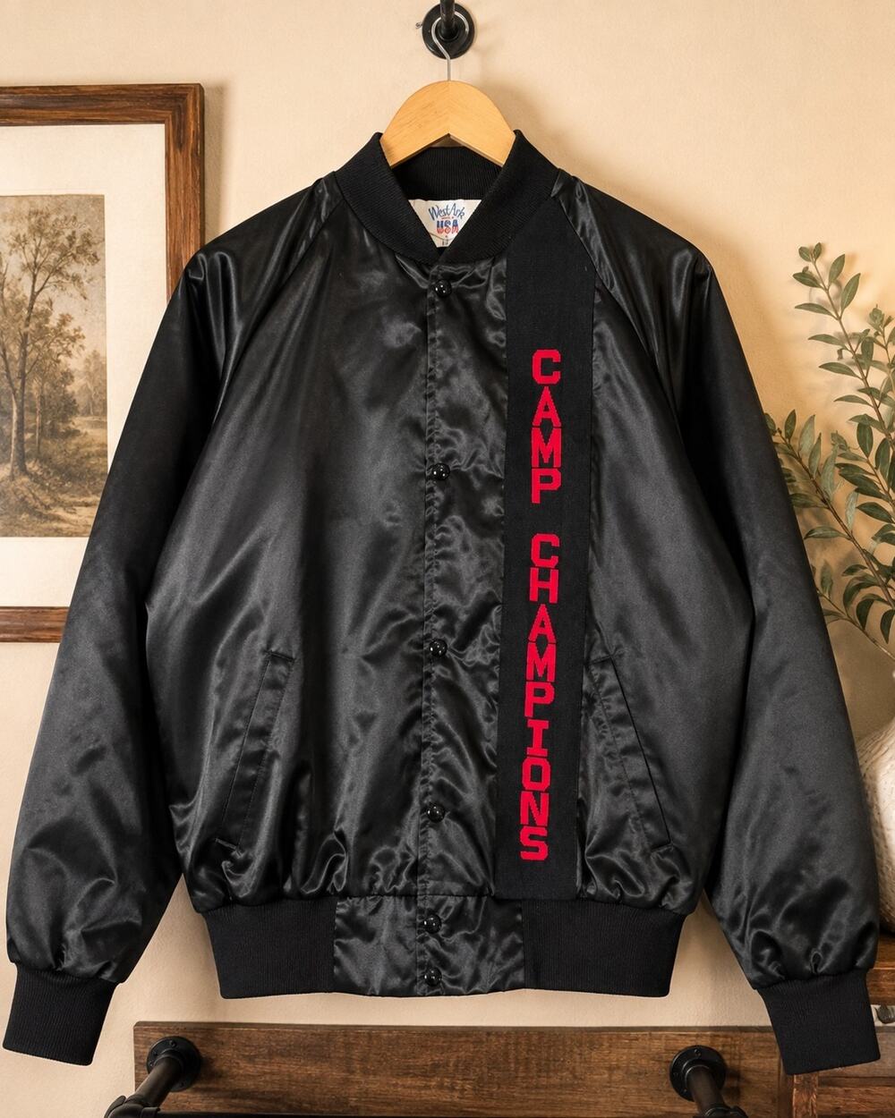 West Ark USA Camp Champions Satin Bomber Jacket Black Red Large L 80s Vintage
